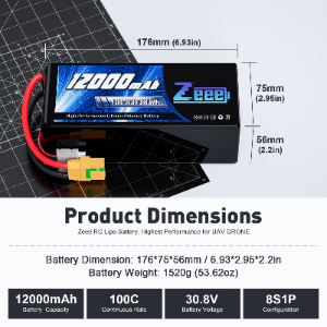 Zeee HV Lipo Drone Battery 8S 30.8V 12000mAh 100C Soft Case With XT90-S High Voltage Lipo Battery for UAV Drone FPV - battery / power supply